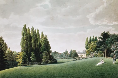 Vista do castelo perto da ponte de pedra, de &39;vistas do Malmaison&39;, gravado por Louis Garneray (1783-1857) (aquatint)
